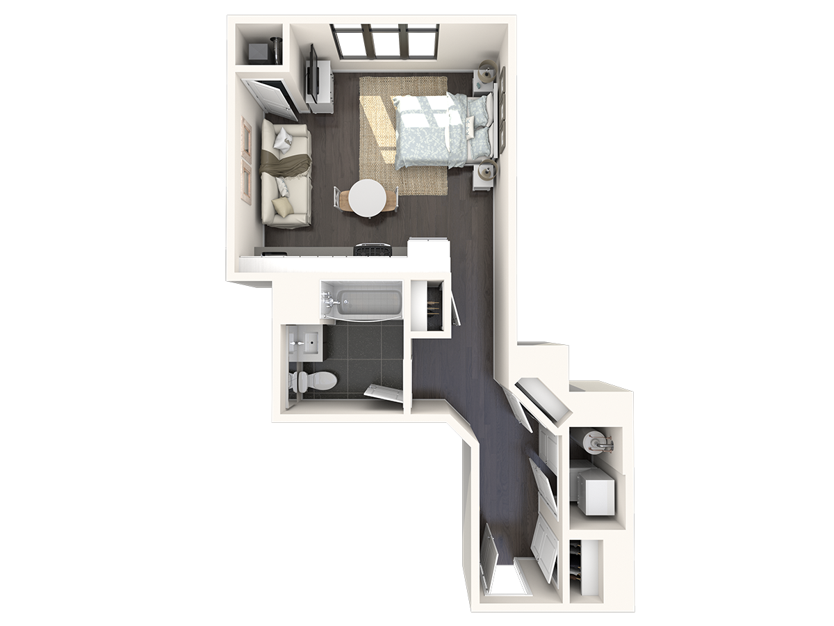 Floor plan for studio, 1 bath, 491 sqft